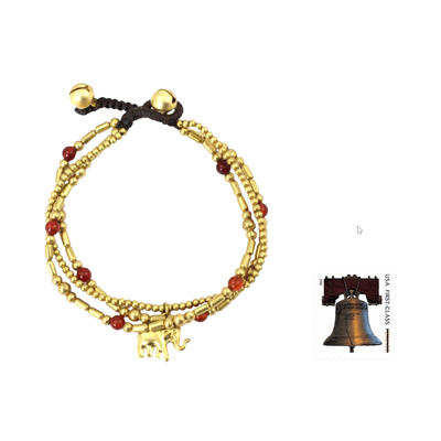 Carnelian beaded bracelet, 'Thai Elephant Charm' - Brass Bracelet Carnelian Gems Beaded Jewellery