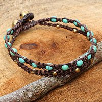 Brass braided bracelet, 'Aqua Boho Chic'