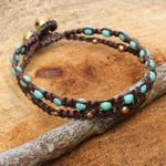 Brass braided bracelet, 'Aqua Boho Chic' - Brass Bracelet Turquoise-color Gems Braided Jewelry