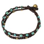 Brass braided bracelet, 'Aqua Boho Chic' - Brass Bracelet Turquoise-color Gems Braided Jewelry