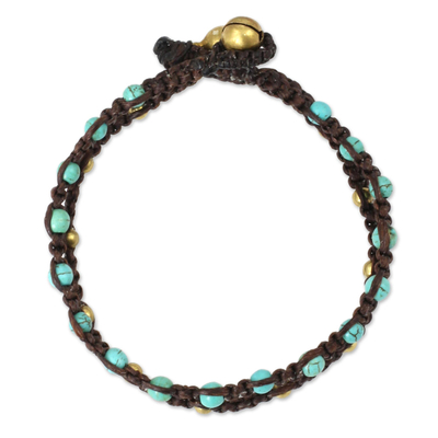 Brass braided bracelet, 'Aqua Boho Chic' - Brass Bracelet Turquoise-color Gems Braided Jewelry