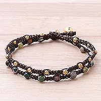 Brass braided bracelet, 'Green Boho Chic' - Brass Bracelet Green Brown Gems Braided Jewelry