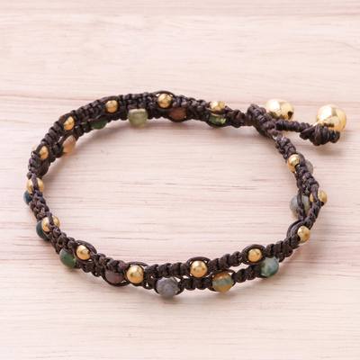 Brass braided bracelet, 'Green Boho Chic' - Brass Bracelet Green Brown Gems Braided Jewellery