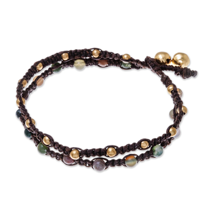 Brass braided bracelet, 'Green Boho Chic' - Brass Bracelet Green Brown Gems Braided Jewelry