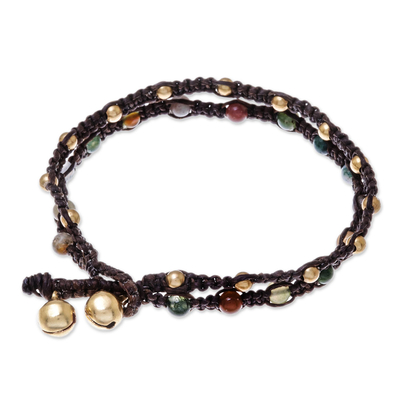 Brass braided bracelet, 'Green Boho Chic' - Brass Bracelet Green Brown Gems Braided Jewelry