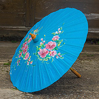 Saa paper parasol, 'Azure Garden' - Hand Painted Decorative Floral Thai Parasol