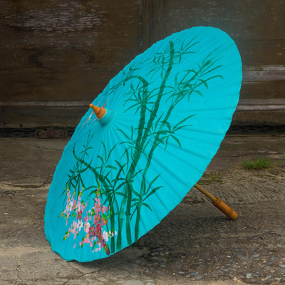 Saa paper parasol, 'Blue Bamboo' - Hand-painted Blue Saa Paper Parasol