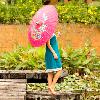 Saa paper parasol, 'Rose Chiang Mai Floral' - Hand Painted Saa Paper Parasol in Deep Rose
