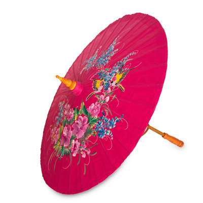 Saa paper parasol, 'Rose Chiang Mai Floral' - Hand Painted Saa Paper Parasol in Deep Rose
