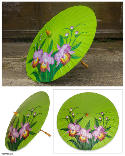 Saa paper parasol, 'Cattleya Orchids' - Handcrafted Saa Paper Parasol with Cattleya Orchids
