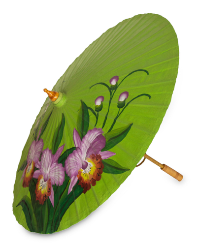 Saa paper parasol, 'Cattleya Orchids' - Handcrafted Saa Paper Parasol with Cattleya Orchids