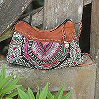 Leather accent shoulder bag, 'Mandarin Geometry' - Mandarin Style Embroidered Handbag with Leather Trim