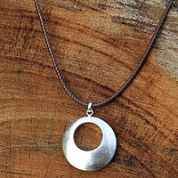 Sterling silver pendant necklace, 'Satin Moon' - Hand Made Brushed Silver Pendant Necklace