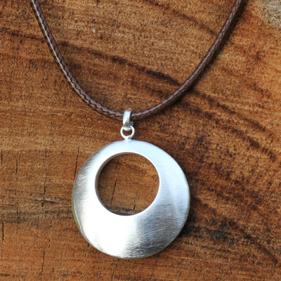 Sterling silver pendant necklace, 'Satin Moon' - Hand Made Brushed Silver Pendant Necklace