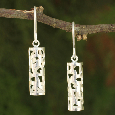 Sterling silver dangle earrings, 'Forest Shadow' - Modern Brushed Silver Earrings from Thailand