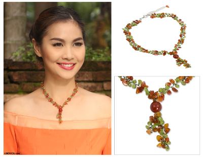 Peridot and carnelian Y necklace, 'Spring Orange' - Peridot and Carnelian Beaded Necklace from Thailand