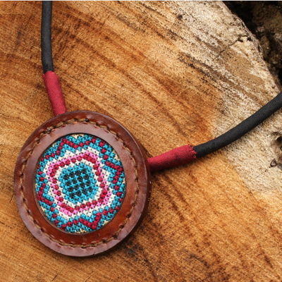 Cotton and leather pendant necklace, 'Hill Tribe Diamond Star' - Cross Stitch Cotton and Leather Handcrafted Necklace