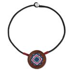 Cotton and leather pendant necklace, 'Hill Tribe Diamond Star' - Cross Stitch Cotton and Leather Handcrafted Necklace