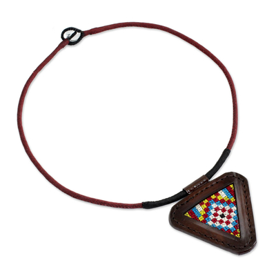 Cotton and leather pendant necklace, 'Vibrant Hill Tribe' - Artisan Crafted Cotton and Leather Necklace