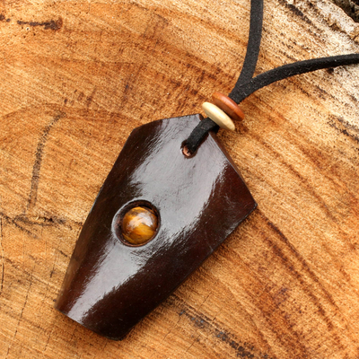 Leather and tiger's eye pendant necklace, 'Wild Nature' - Leather and Tiger's Eye Artisan Crafted Necklace