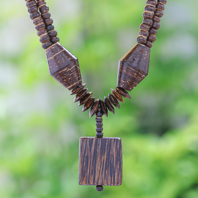 Coconut shell and wood beaded necklace, 'Naturally Charming' - Thai Handmade Coconut Shell Pendant Necklace