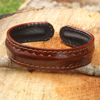 Men's leather cuff bracelet, 'Solar Soul' - Fair Trade Leather Cuff Bracelet for Men