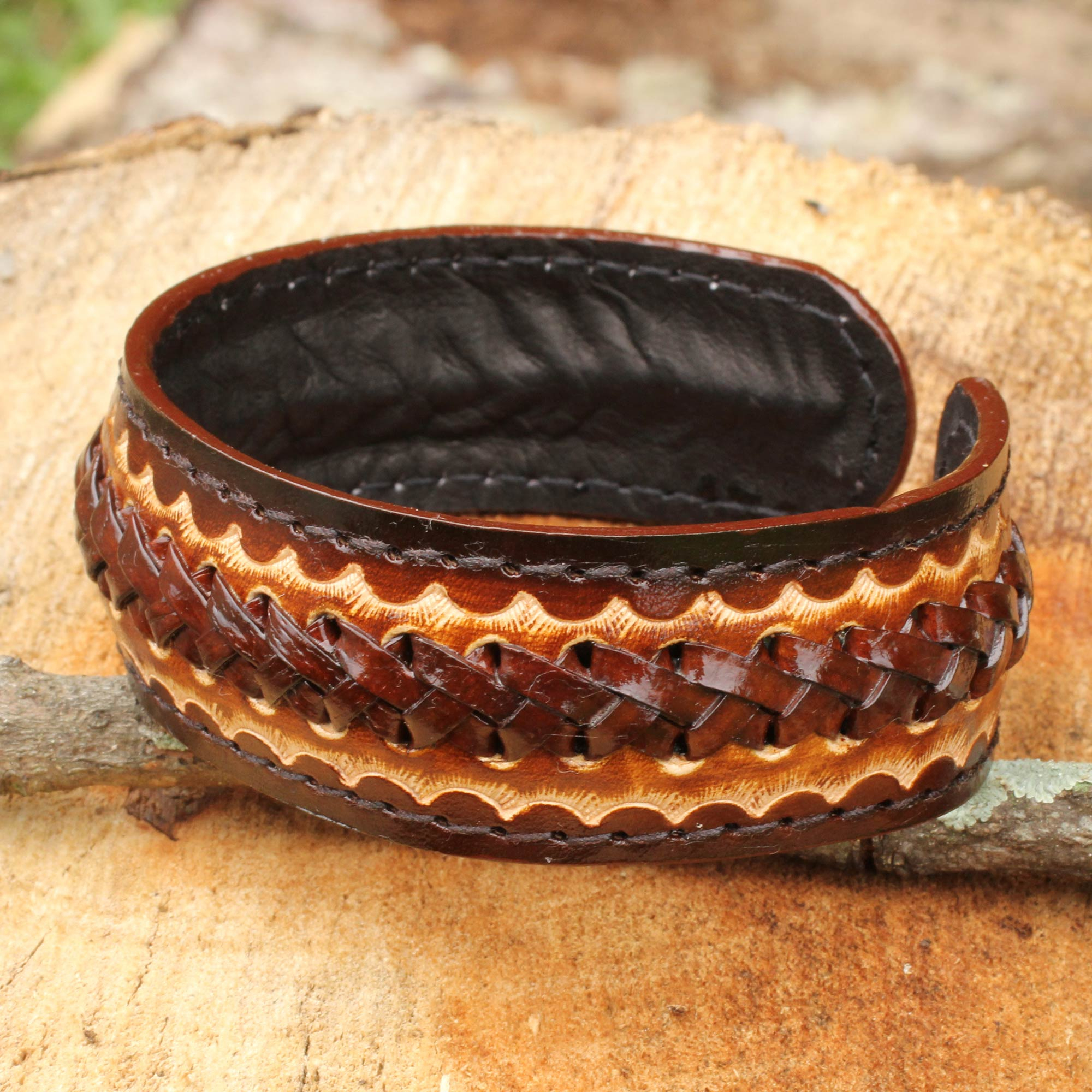 NOVICA Stainless Steel Leather Mens Cuff Bracelet Brown Braided Path 