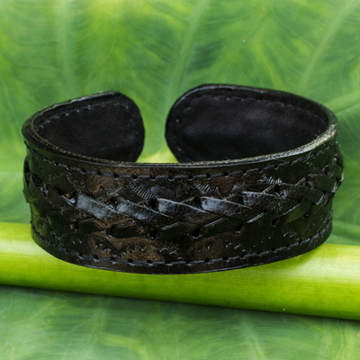 Men's leather cuff bracelet, 'Midnight Warrior' - Fair Trade Black Leather Cuff Bracelet for Men
