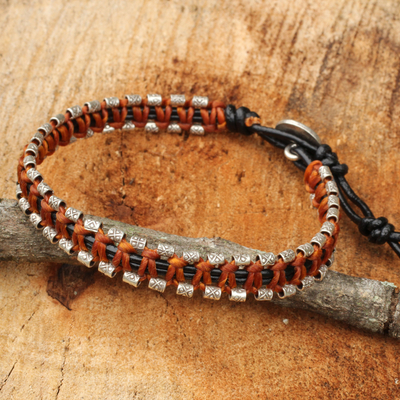 Leather and Silver Wristband Hill Tribe Charm - Om Horizons | NOVICA