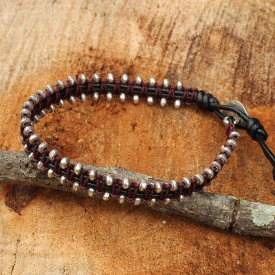 Leather wristband bracelet, 'Peace Horizons' - Leather and Silver Wristband Hill Tribe Charm