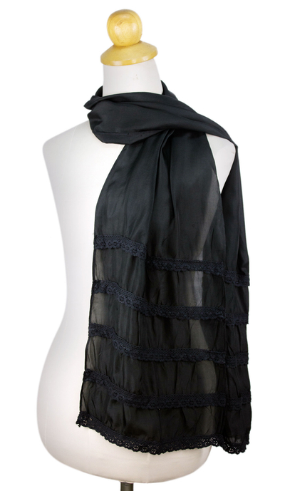 Rayon blend scarf, 'Floral Night' - Black Lace Trimmed Silk Blend Scarf