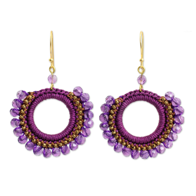 Amethyst beaded dangle earrings, 'Divinely Purple' - Amethyst Crocheted Earrings