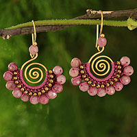 Chalcedony dangle earrings, 'Rose Kiss' - Rhodonite and Brass Handcrafted Earrings