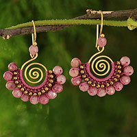 Chalcedony dangle earrings, 'Rose Kiss' - Handcrafted Thai Beaded Rhodonite Earrings with Brass 