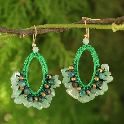 Jasper dangle earrings, 'Flirty Mint' - Crocheted Gemstone Earrings