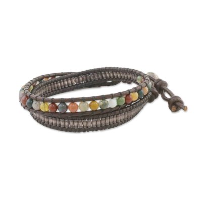 Leather wrap bracelet, 'Brown Contrasts' - Agate Leather Hill Tribe Silver Wrap Handcrafted Bracelet
