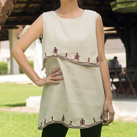 Cotton blouse, 'Layers in Natural' - Embroidered Cotton Sleeveless Beige Blouse