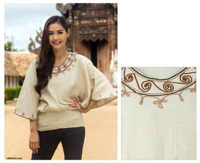 Cotton blouse, 'Cool Dawn' - Artisan Crafted Cotton Embroidered Cream Blouse