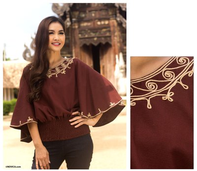 Cotton blouse, 'Cool Dawn' - Artisan Crafted Cotton Embroidered Brown Blouse