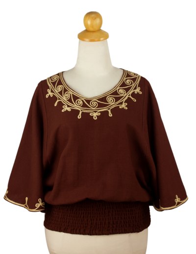 Cotton blouse, 'Cool Dawn' - Artisan Crafted Cotton Embroidered Brown Blouse