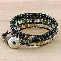 Multi-gemstone wrap bracelet, 'The Season' - Onyx Jasper Agate Silver Wrap Bracelet Artisan Crafted