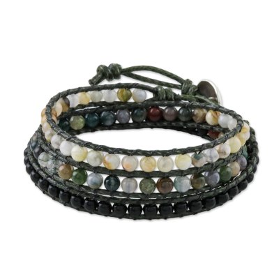Multi-gemstone wrap bracelet, 'The Season' - Onyx Jasper Agate Silver Wrap Bracelet Artisan Crafted