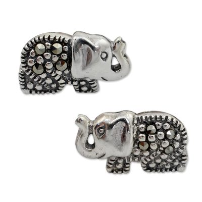 Marcasite button earrings, 'Thai Elephant' - Handcrafted Marcasite and Sterling Silver Elephant Earrings