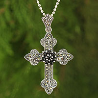 Onyx and marcasite pendant necklace, 'Cathedral Cross' - Handcrafted Silver Cross Necklace with Onyx and Marcasite