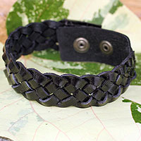 Men's braided leather bracelet, 'Midnight Paths'