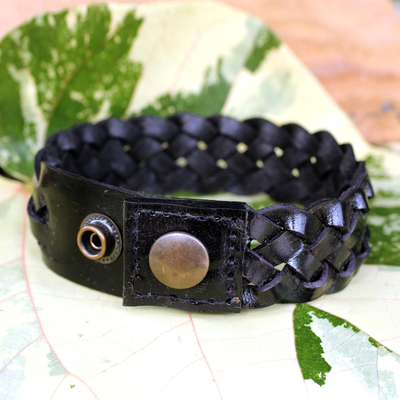 Men's braided leather bracelet, 'Midnight Paths' - Men's Artisan Crafted Braided Leather  Bracelet