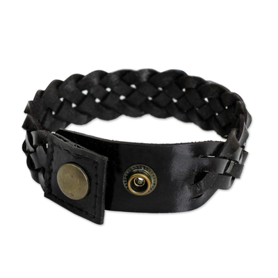 Men's braided leather bracelet, 'Midnight Paths' - Men's Artisan Crafted Braided Leather  Bracelet