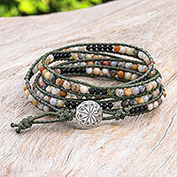 Jasper and onyx wrap bracelet, 'Thai Autumn' - Bohemian Style Jasper and Onyx Beaded Wrap Bracelet