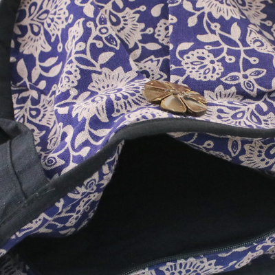 Cotton shoulder bag, 'Blue Thai Garden' - Thai Blue Cotton Print Shoulder Bag