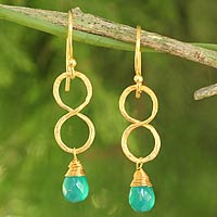 Gold plated earrings, 'Green Infinity' - Handcrafted Green Onyx Earrings from Thailand